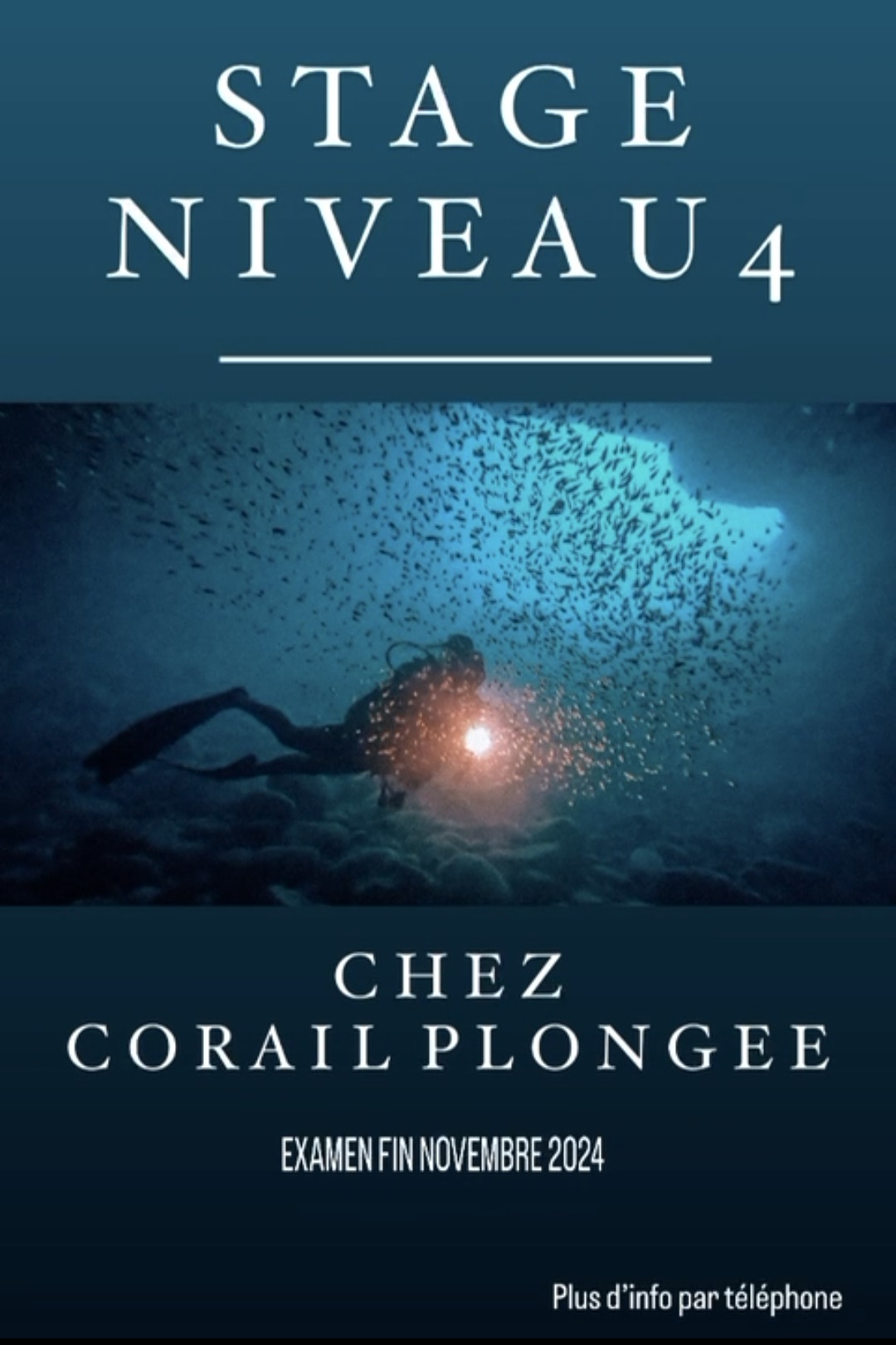 Plongeur sous-marin entouré de poissons, texte "Stage Niveau 4, Corail Plongée".