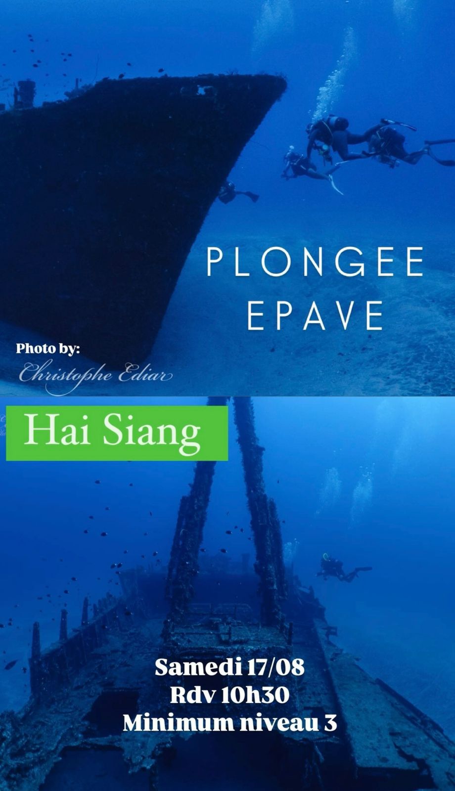 Plongée autour de l'épave du Hai Siang avec plusieurs plongeurs.