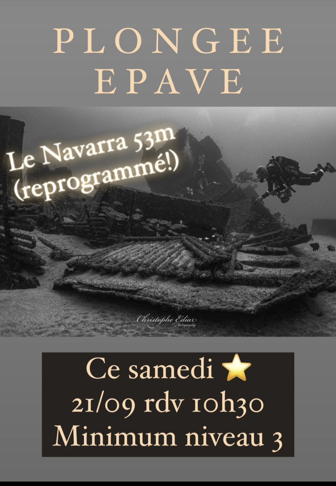 Plongée sur épave avec texte d'événement reprogrammé à 53m.