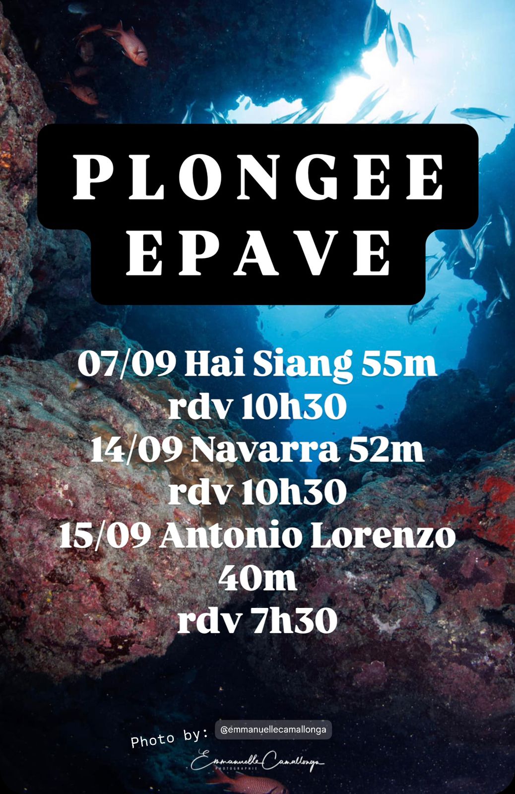Plongées sur épaves avec dates et heures sur fond sous-marin.