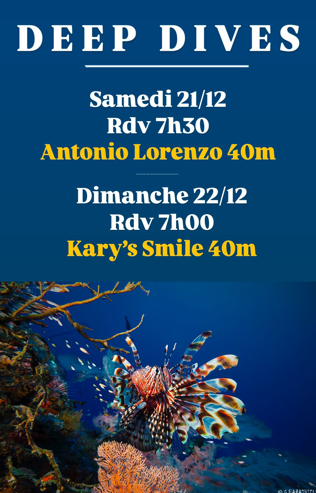 Affiche de plongée avec poisson-lion et dates de sorties sous-marines.