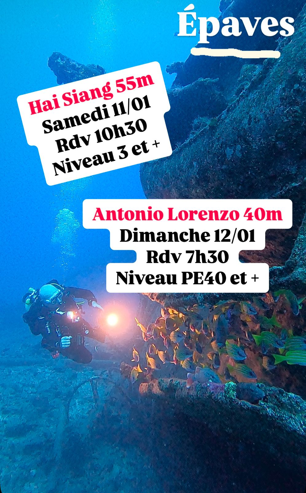Plongeur explorant une épave sous-marine avec informations sur des plongées affichées.