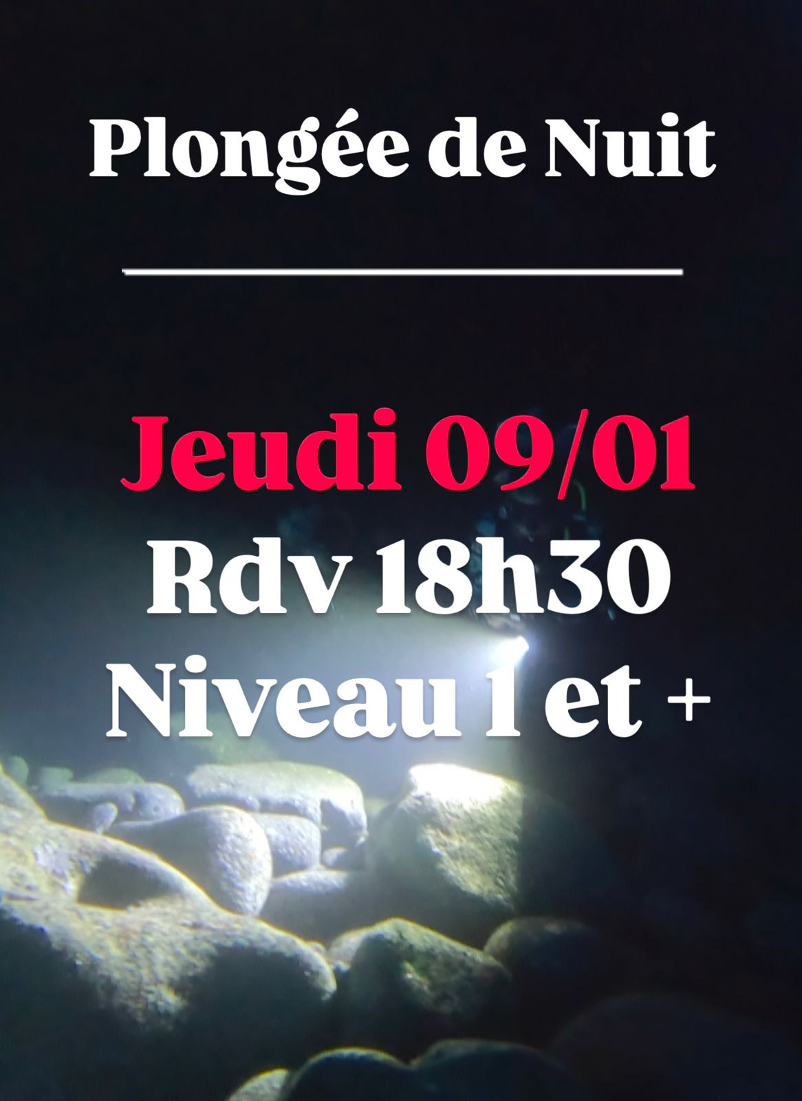 Annonce de plongée de nuit, jeudi 09/01, rendez-vous 18h30, niveau 1 et plus.
