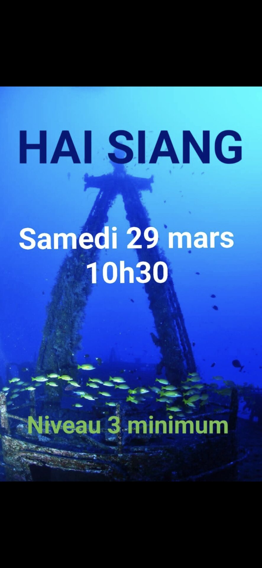 Épave sous-marine avec poissons et texte d'information sur la plongée.