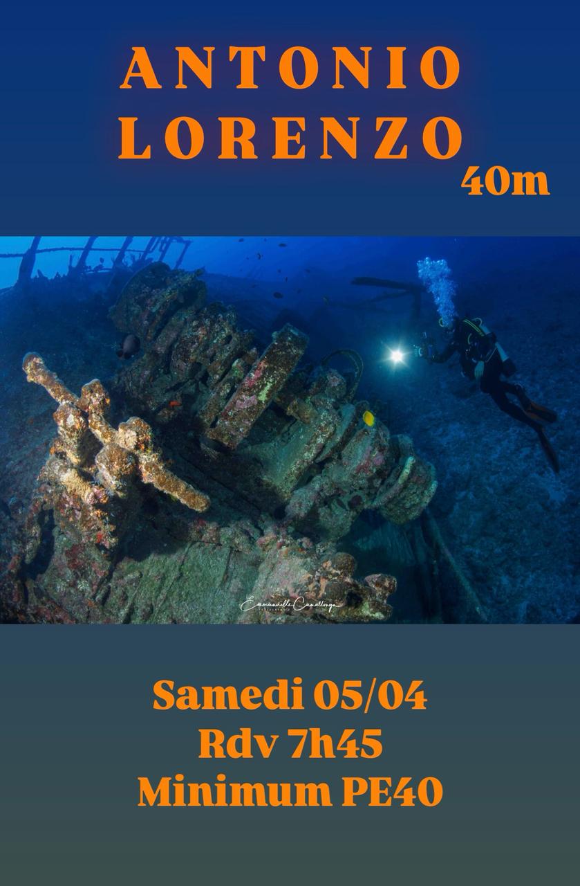 Plongeur explorant une épave sous-marine avec détails de plongée et texte informatif.