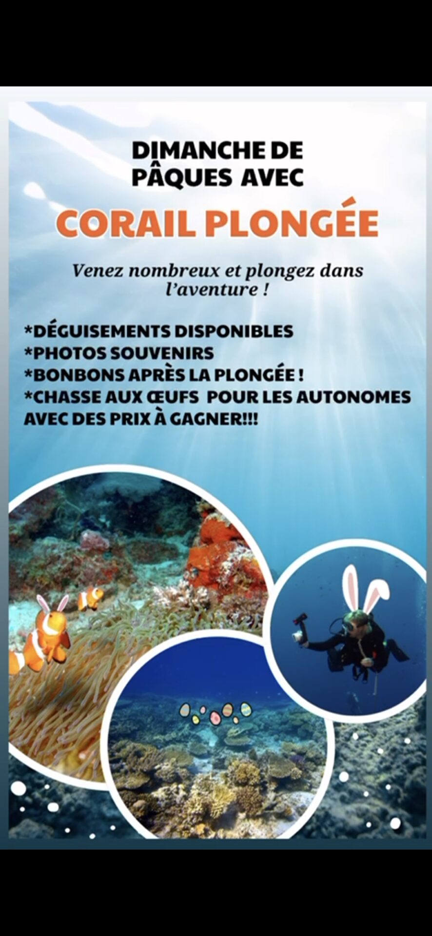 Affiche d'événement de plongée avec déguisements et chasse aux œufs pour Pâques.
