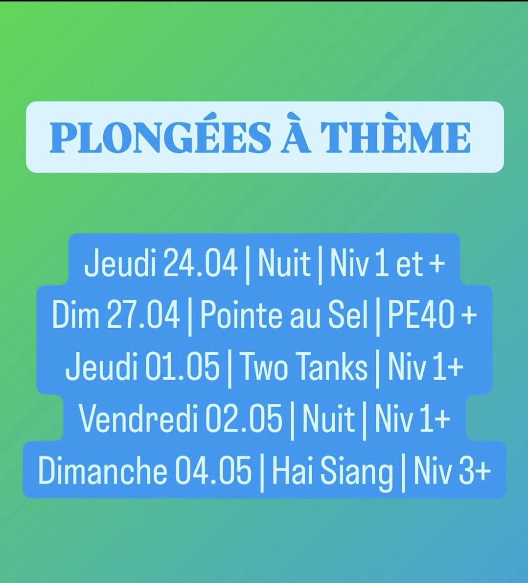 Calendrier de plongées avec dates, thèmes et niveaux requis.