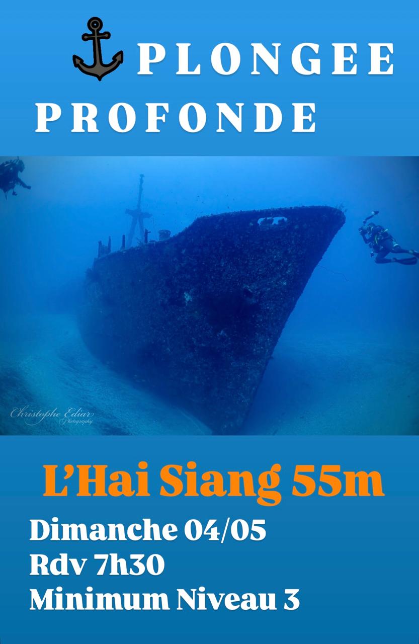 Affiche de plongée sur épave sous-marine à 55m, niveau 3 requis.