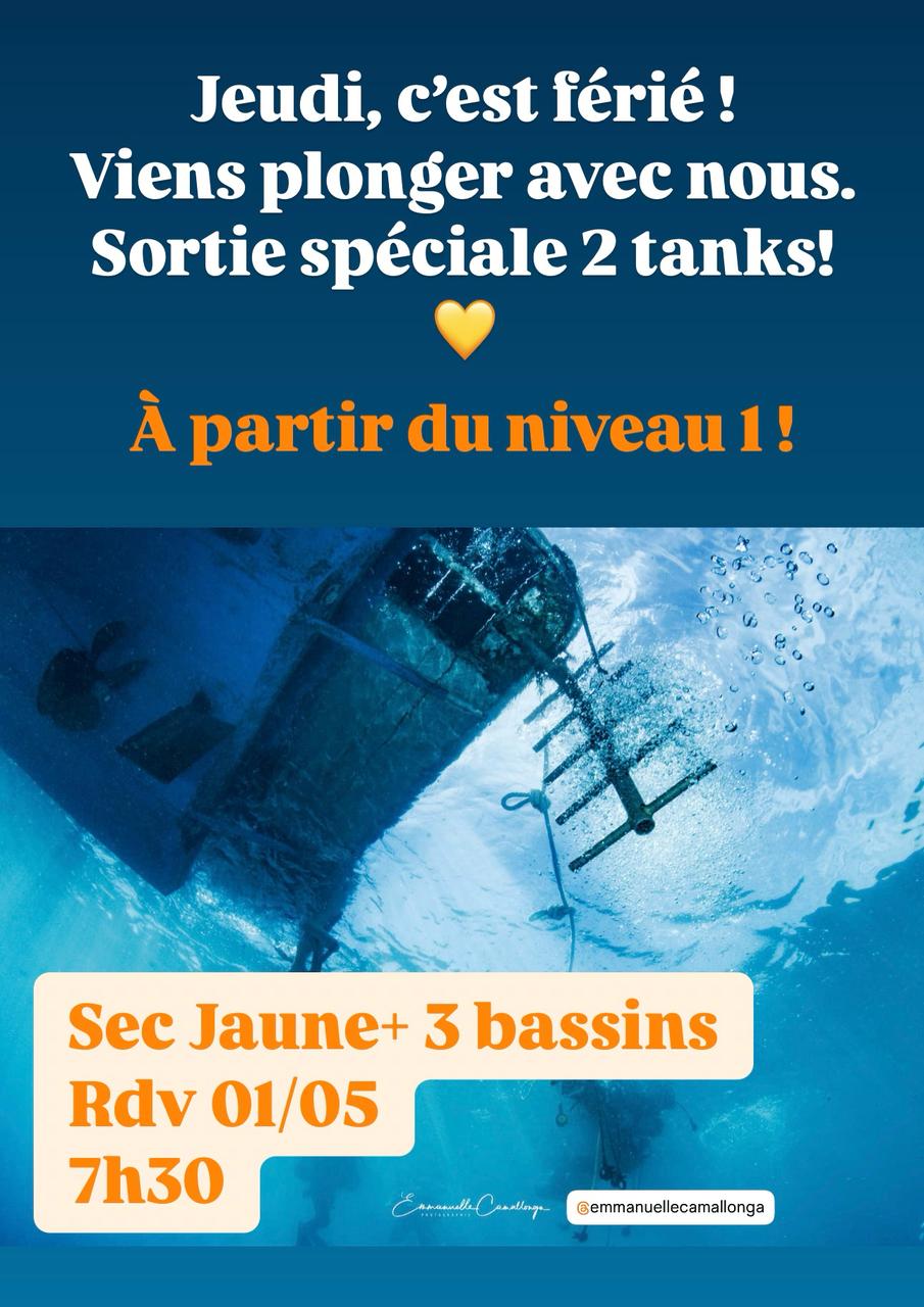 Sortie de plongée le 1er mai, niveau 1 requis, avec image sous-marine.