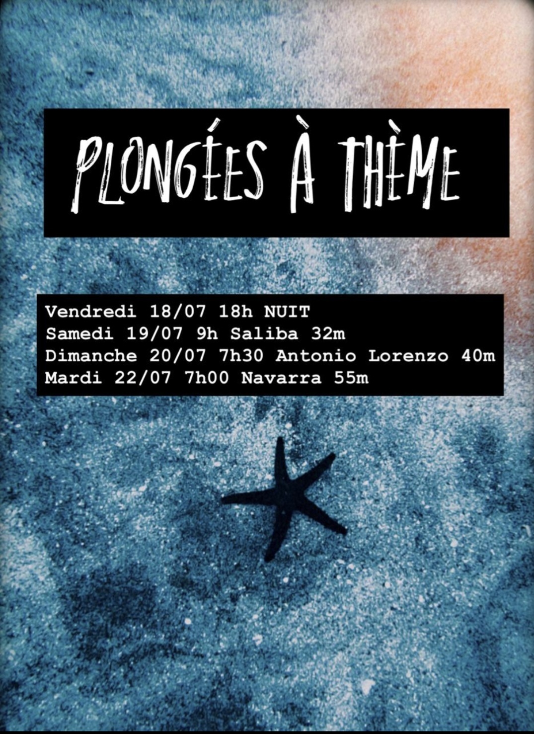 Programme de plongées à thème avec dates et étoile de mer en fond.